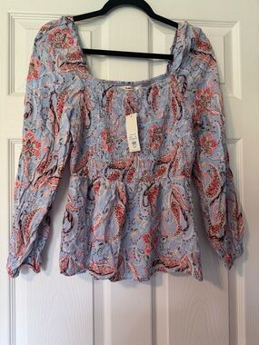 Francesca's Light Blue Paisley Smocked Peasant Blouse with Pink Accents